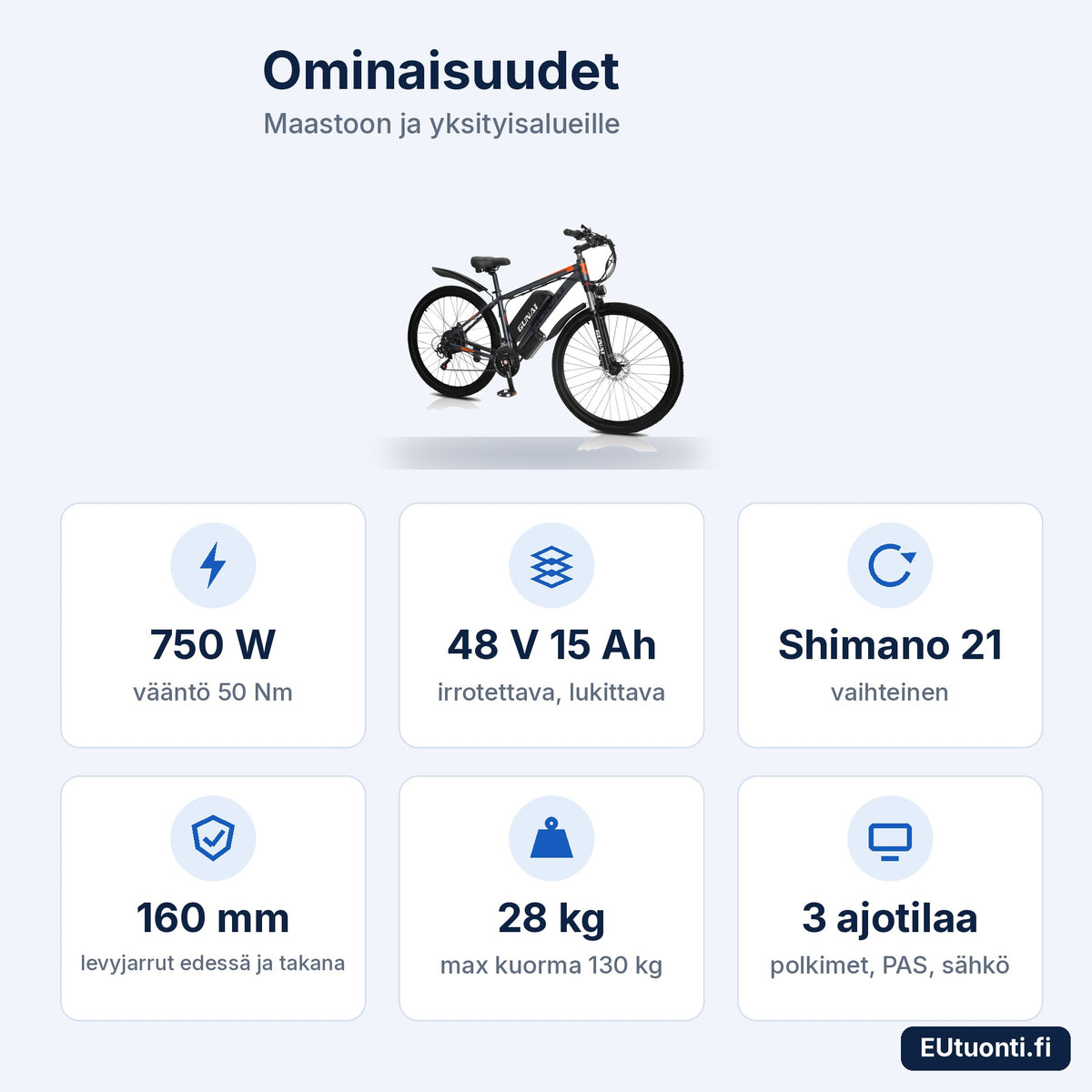 GUNAI GN29 ominaisuudet: 750 W, 48 V 15 Ah, Shimano 21, 160 mm levyjarrut, 28 kg