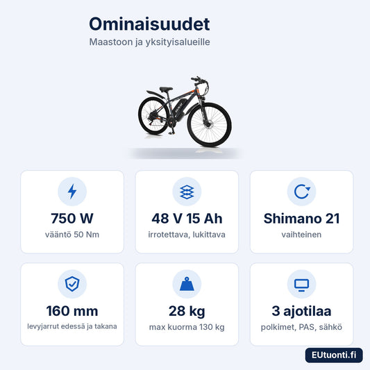GUNAI GN29 ominaisuudet: 750 W, 48 V 15 Ah, Shimano 21, 160 mm levyjarrut, 28 kg