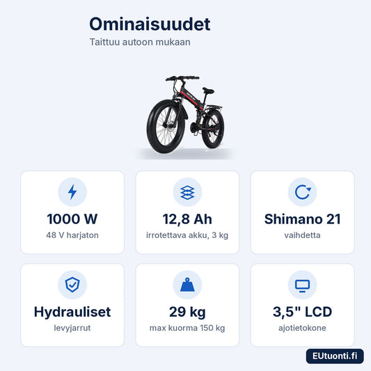 GUNAI MX01 ominaisuudet: 1000 W, 12,8 Ah, Shimano 21, hydrauliset jarrut, 29 kg