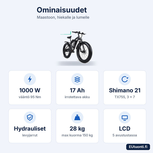GUNAI MX02S ominaisuudet: 1000 W, 95 Nm, 17 Ah, Shimano 21, hydrauliset jarrut