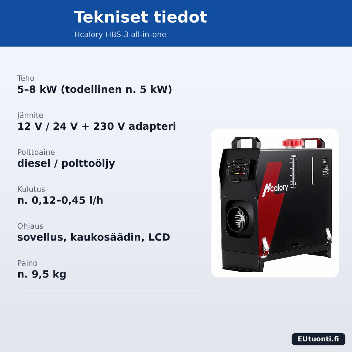 Hcalory HBS-3 tekniset tiedot