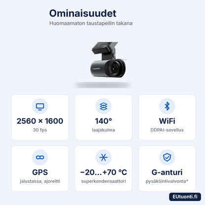 DDPAI Mola N3 ominaisuudet: 2560 × 1600, 140°, WiFi, GPS, superkondensaattori