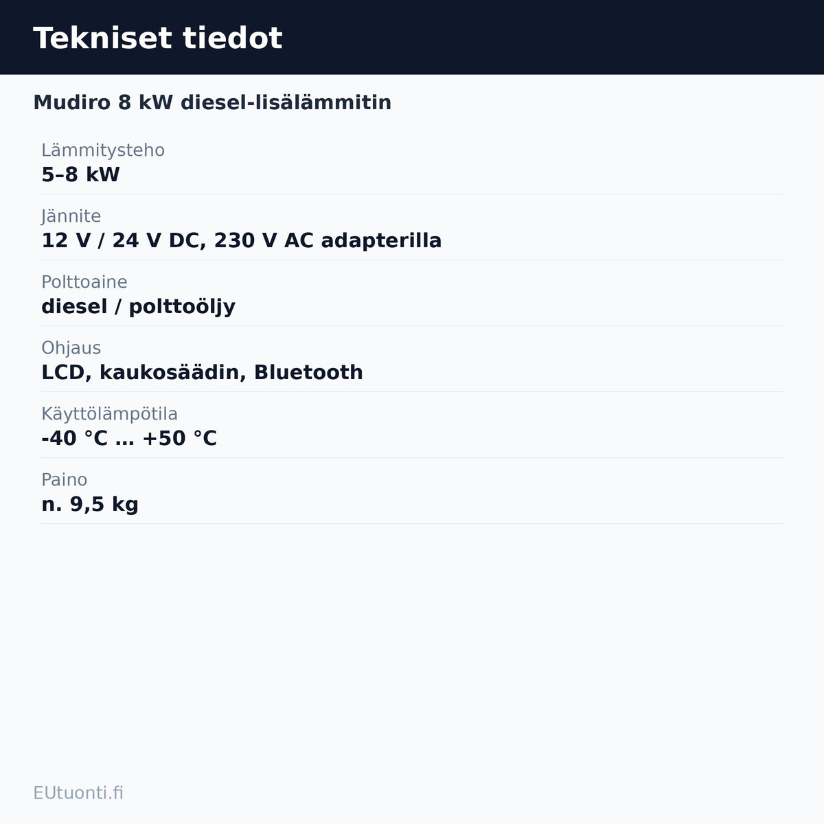 Mudiro 8 kW diesel-lisälämmittimen tekniset tiedot