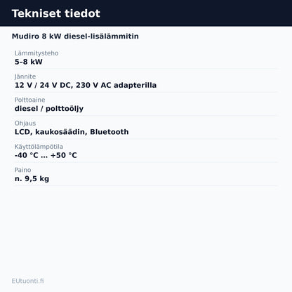 Mudiro 8 kW diesel-lisälämmittimen tekniset tiedot