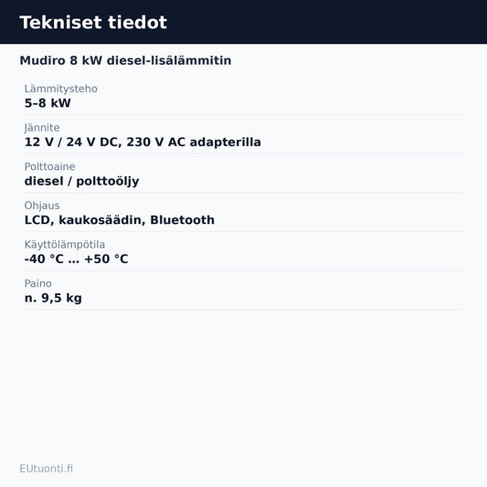 Mudiro 8 kW diesel-lisälämmittimen tekniset tiedot
