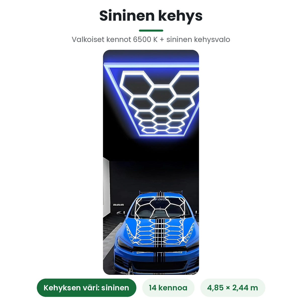Hexagon LED-valaisin 14 kennoa sinisellä kehyksellä