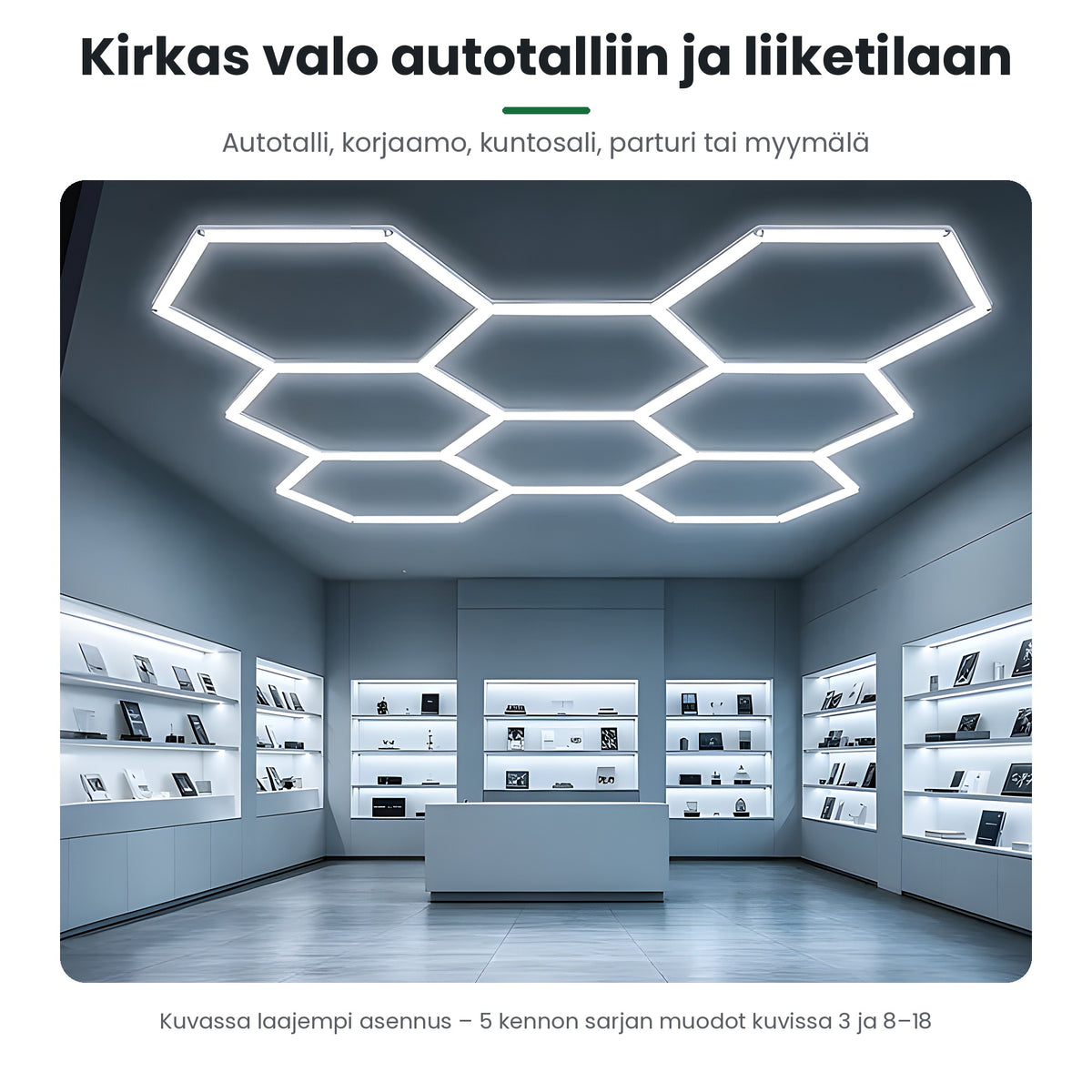 Hexagon LED-kennovalaisin esittelytilassa (kuvassa laajempi asennus)