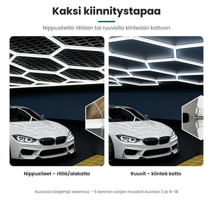 Hexagon LED-valaisimen kiinnitys nippusiteillä tai ruuveilla (kuvassa laajempi asennus)
