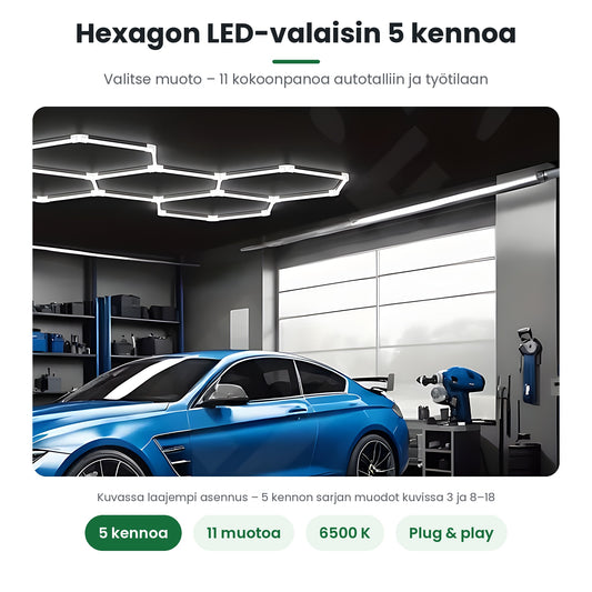 Hexagon LED-kennovalaisin autotallin katossa (kuvassa laajempi asennus kuin 5 kennoa)