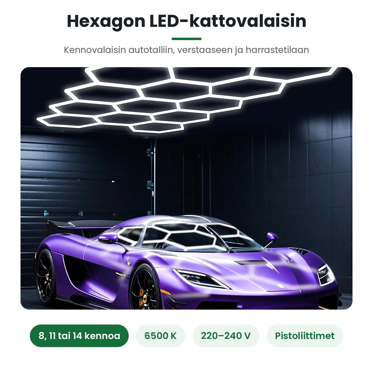 Hexagon LED-kattovalaisin autotallin katossa