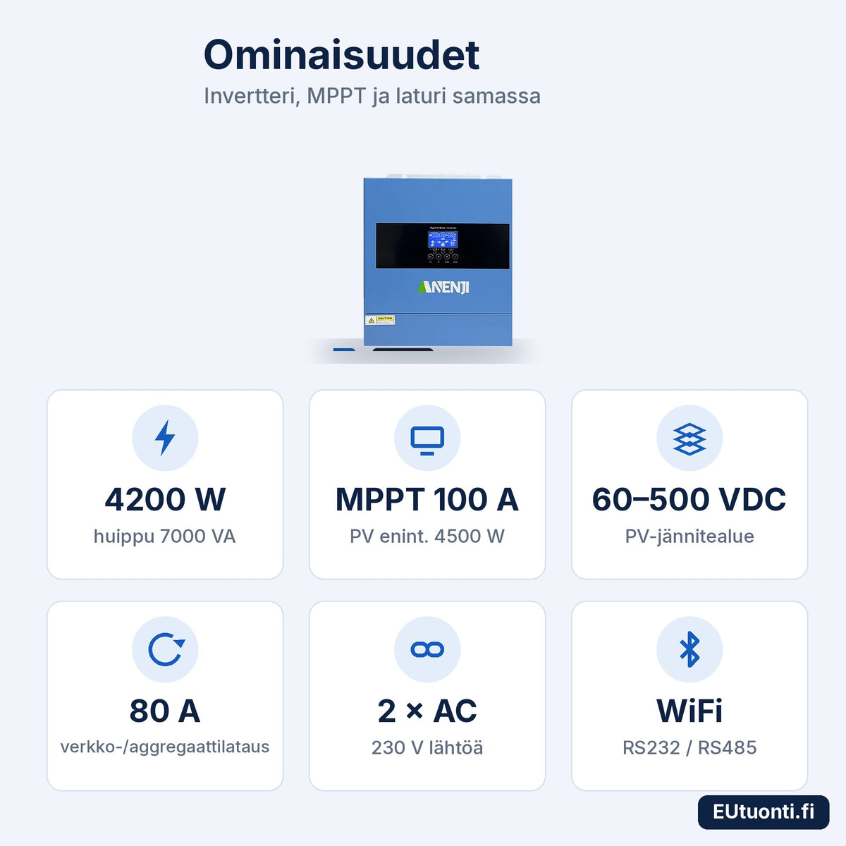 ANENJI hybridi-invertteri 4,2 kW ominaisuudet: 4200 W, MPPT 100 A, 60–500 VDC, 80 A