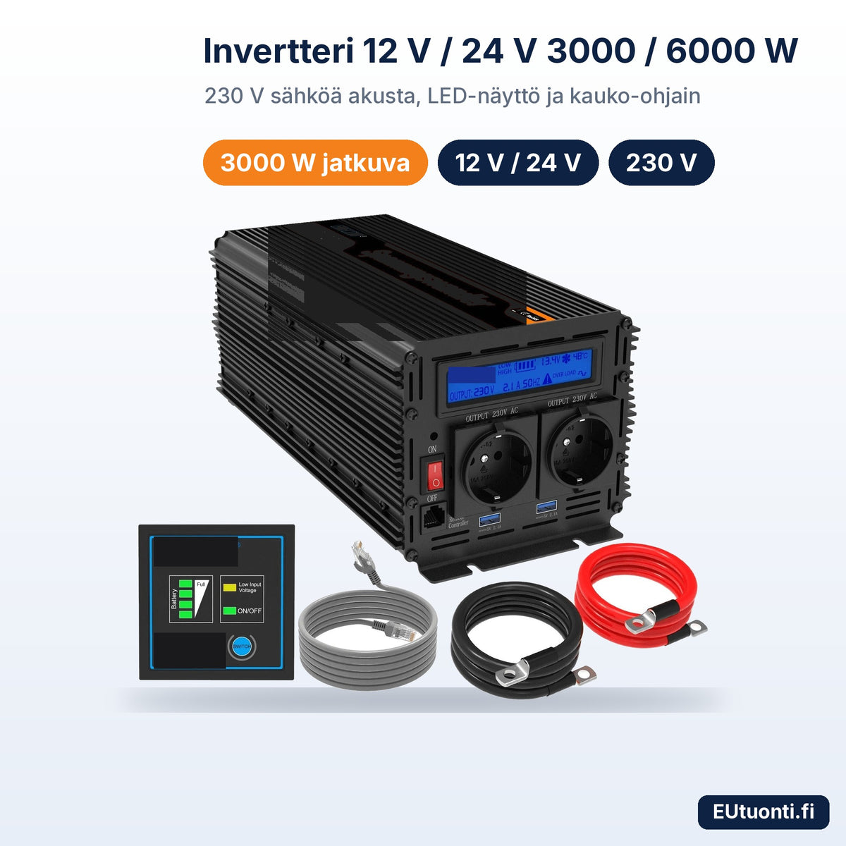 Invertteri 12 V / 24 V 3000/6000 W kauko-ohjaimella ja kaapeleilla
