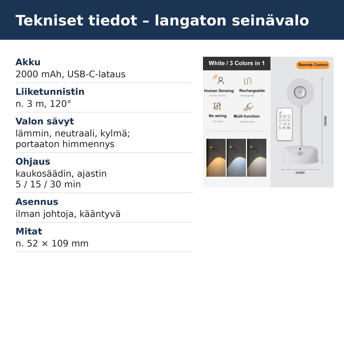 Langattoman seinävalon tekniset tiedot