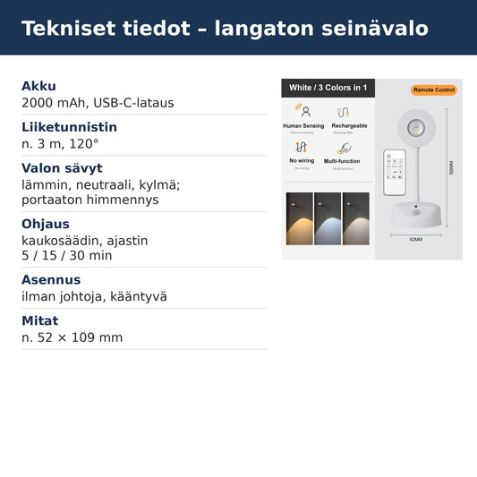 Langattoman seinävalon tekniset tiedot