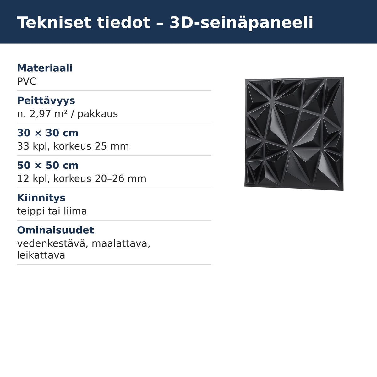 3D-seinäpaneelin tekniset tiedot