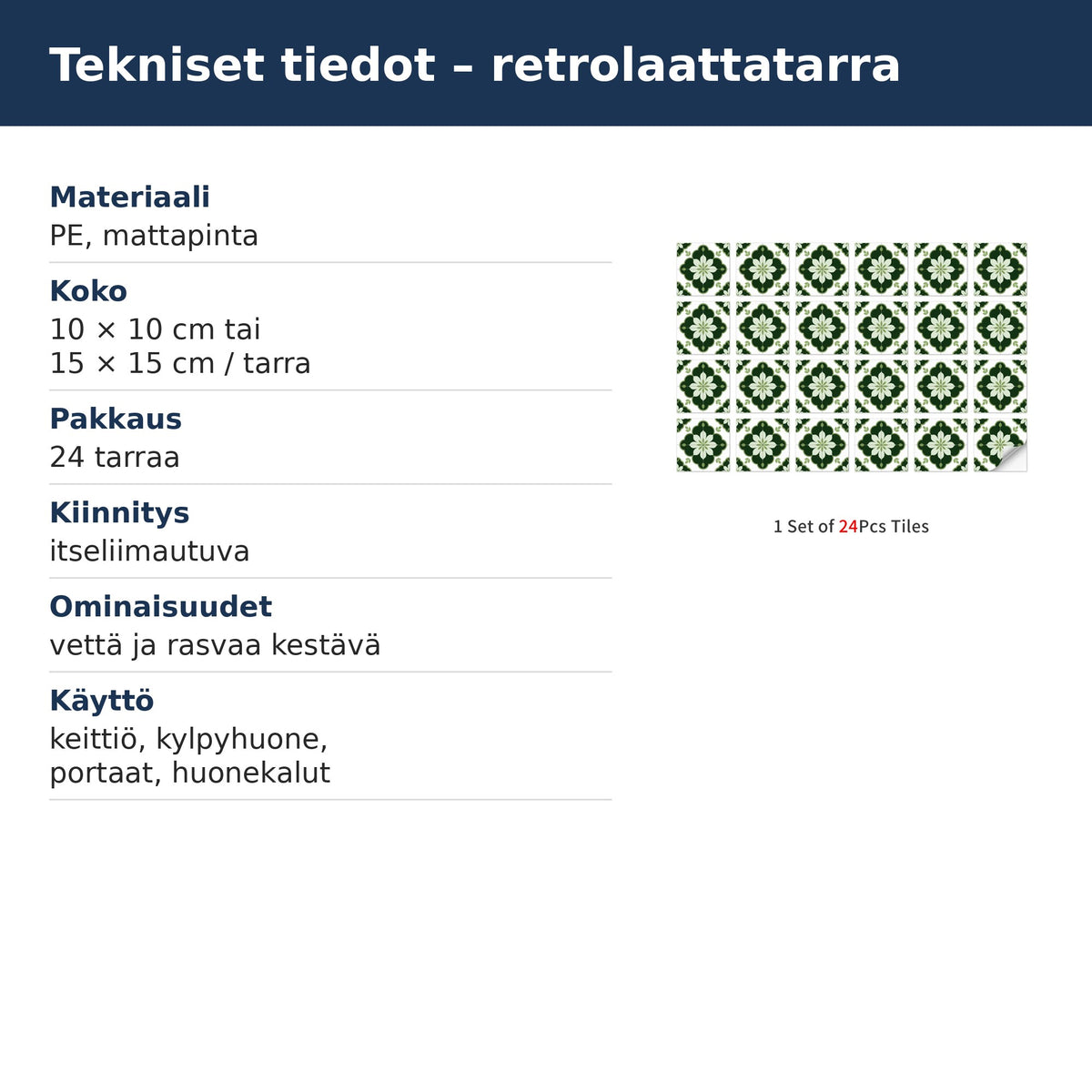 Retro-laattatarran tekniset tiedot