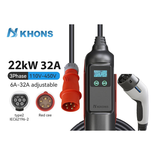 Khons 22 kW sähköauton latauslaite, CEE 32 A -pistoke ja Type 2 -liitin