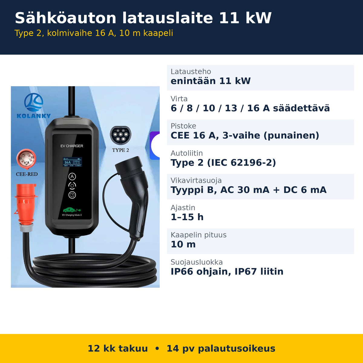 11 kW latauslaitteen tekniset tiedot suomeksi