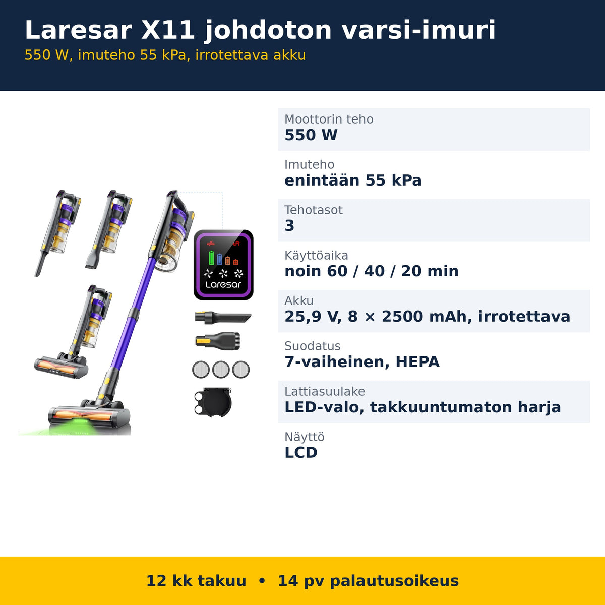 Laresar X11 varsi-imurin tekniset tiedot suomeksi