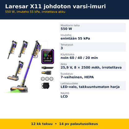 Laresar X11 varsi-imurin tekniset tiedot suomeksi