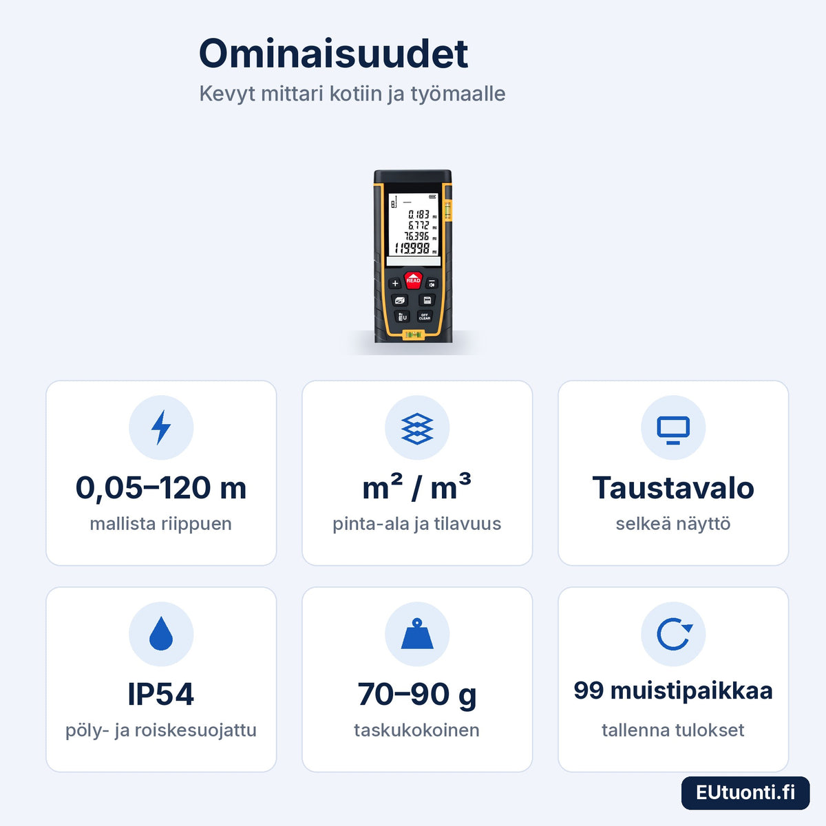 Laser-etäisyysmittarin ominaisuudet: 120 m, m² ja m³, IP54, 99 muistipaikkaa