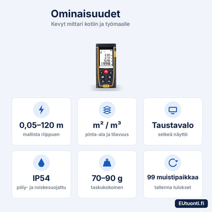 Laser-etäisyysmittarin ominaisuudet: 120 m, m² ja m³, IP54, 99 muistipaikkaa