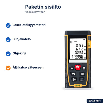 Laser-etäisyysmittarin paketin sisältö ja suojakotelo