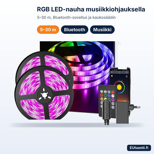 RGB LED-nauha musiikkiohjauksella, Bluetooth-sovellus, kaukosäädin ja virtalähde