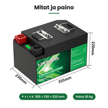 LiFePO4-akun mitat 355 × 230 × 220 mm ja paino 30 kg