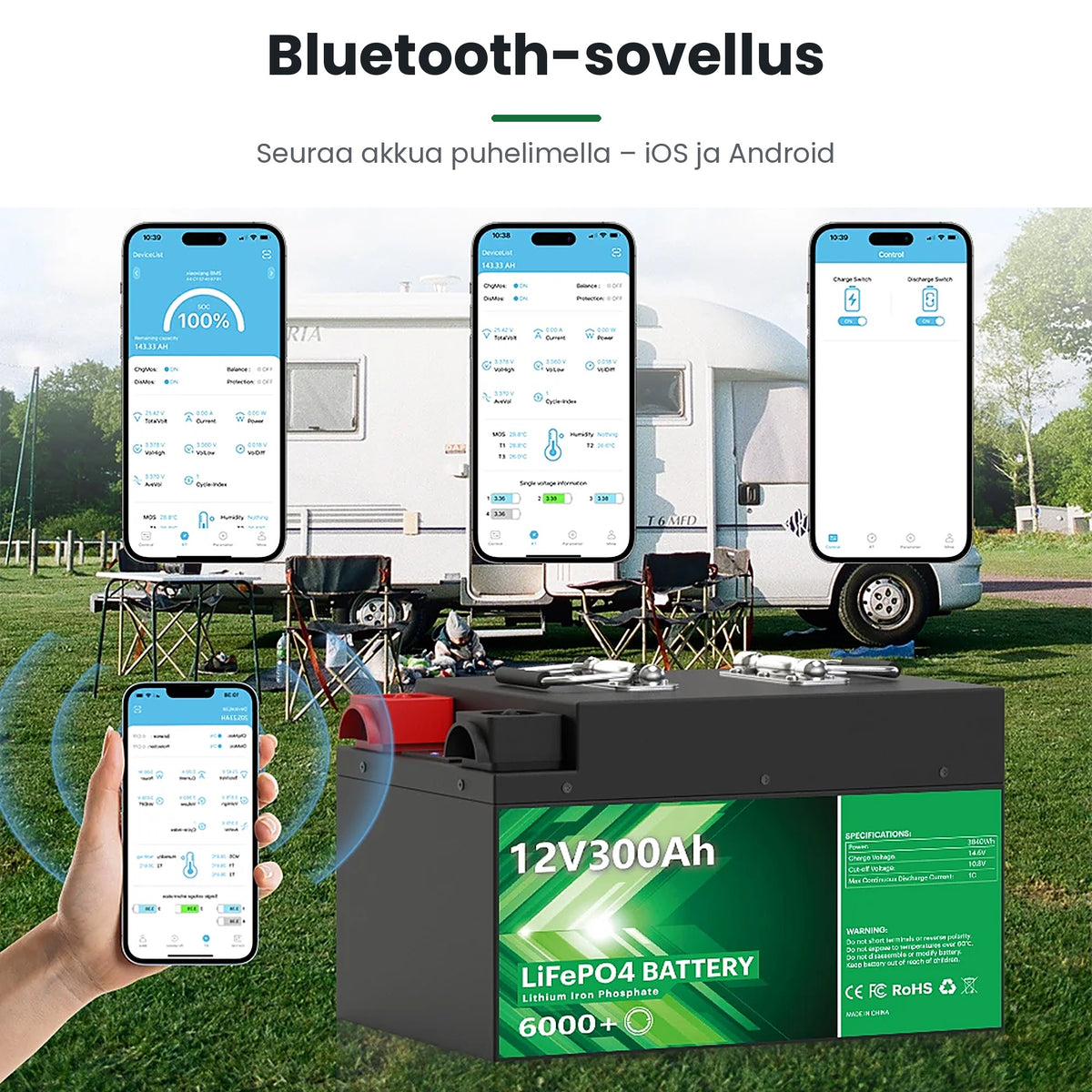 Akun Bluetooth-sovellus näyttää varaustilan, jännitteen ja lämpötilan puhelimessa