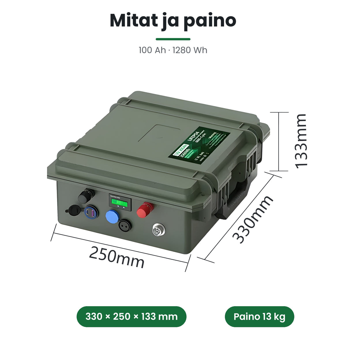 LiFePO4 salkkuakku 12V 100 Ah – mitat 330 × 250 × 133 mm, paino 13 kg