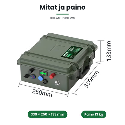 LiFePO4 salkkuakku 12V 100 Ah – mitat 330 × 250 × 133 mm, paino 13 kg