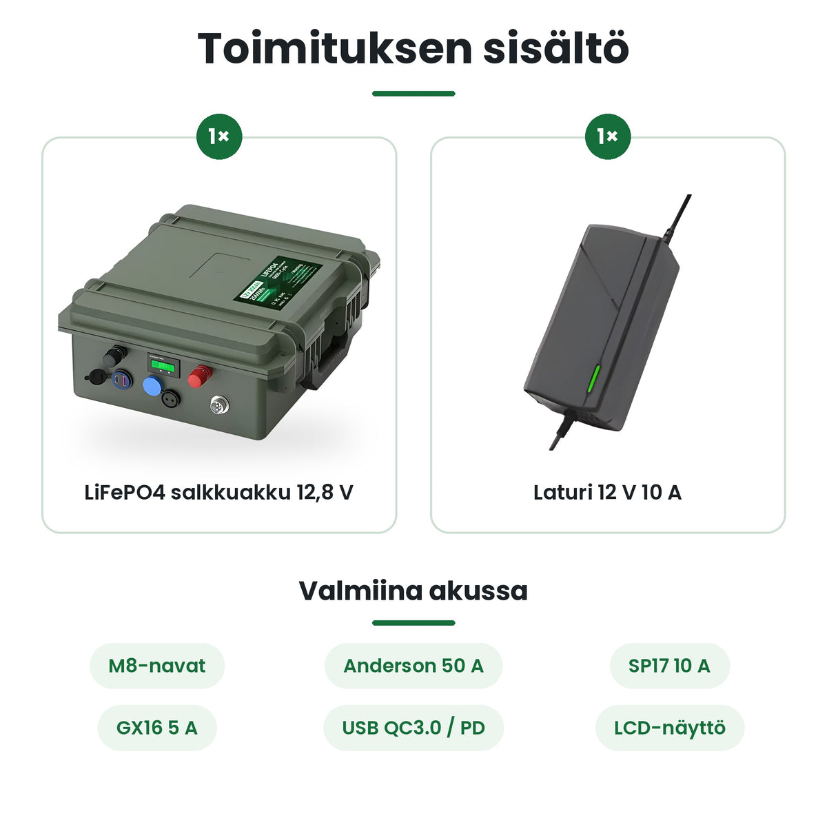 LiFePO4 salkkuakun toimituksen sisältö: akku ja 12 V 10 A laturi