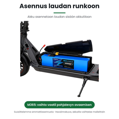 Vaihtoakku asennettuna sähköpotkulaudan rungon akkutilaan (havainnekuva)