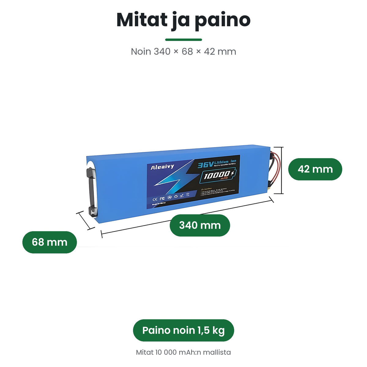 Xiaomi M365 -vaihtoakun mitat noin 340 × 68 × 42 mm ja paino noin 1,5 kg