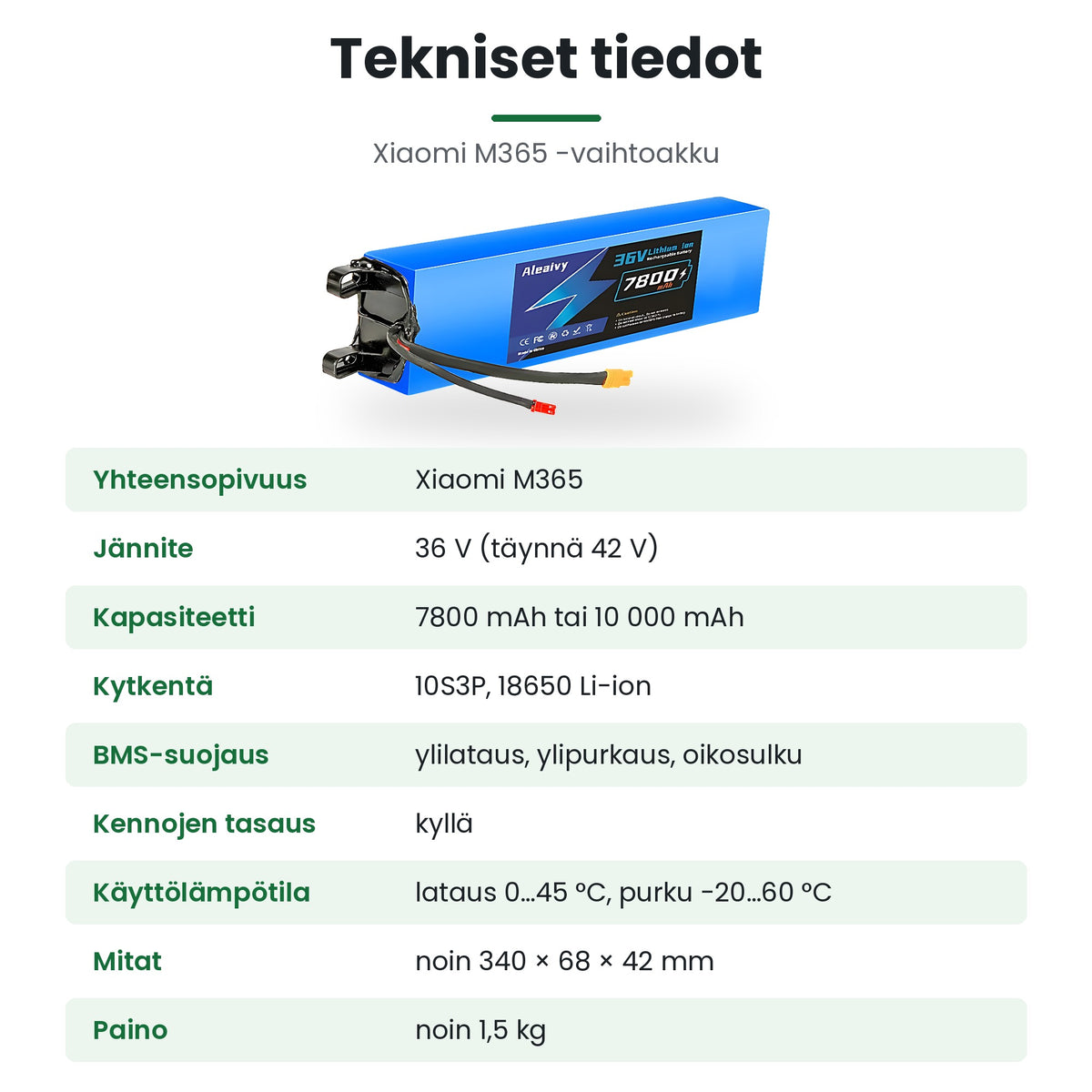 Xiaomi M365 -vaihtoakun tekniset tiedot: 36 V, 10S3P, 18650 Li-ion, BMS-suojaus
