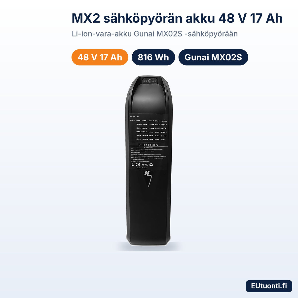 MX2 sähköpyörän akku 48 V 17 Ah Li-ion Gunai MX02S -pyörään