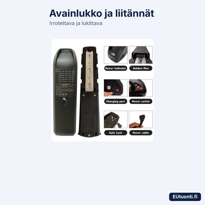 MX2-akun merkkivalo, latausliitäntä, virtakytkin ja lukko