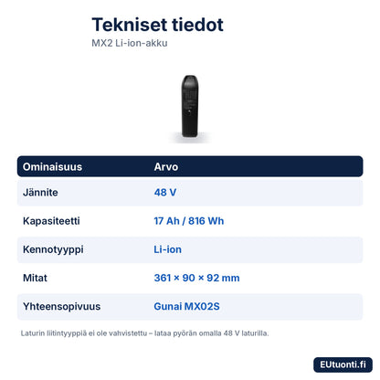 MX2-akun tekniset tiedot: 48 V, 17 Ah, 361 × 90 × 92 mm