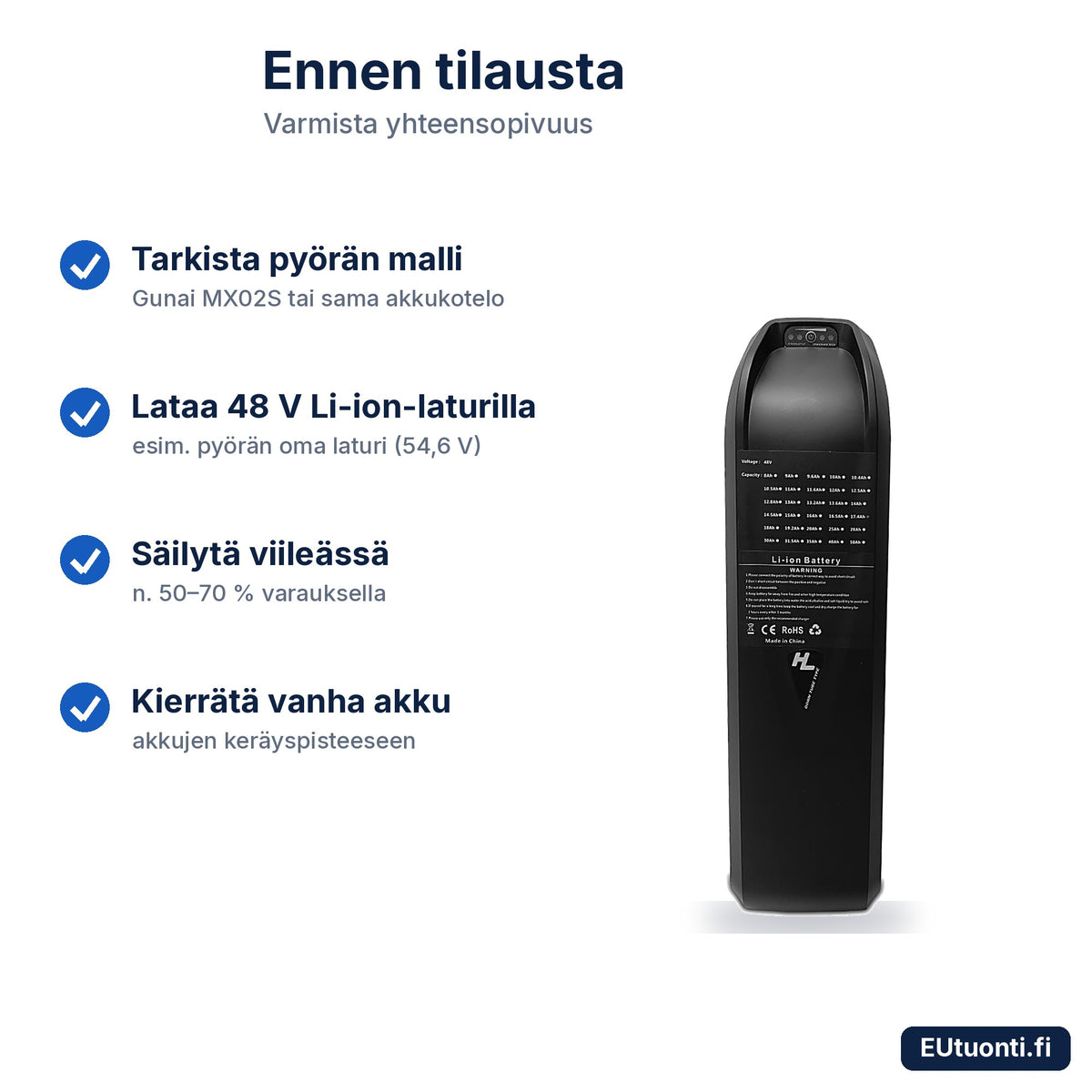 MX2-akku: tarkista yhteensopivuus, lataus, säilytys ja kierrätys