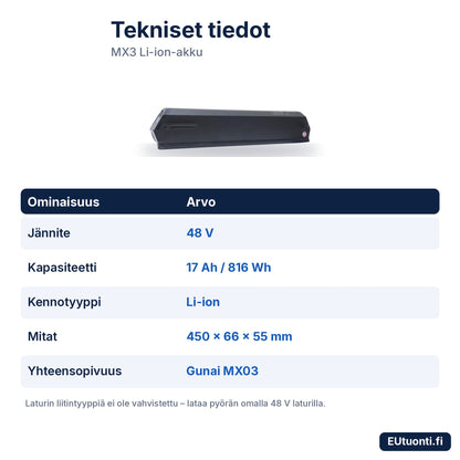 MX3-akun tekniset tiedot: 48 V, 17 Ah, 816 Wh, Li-ion