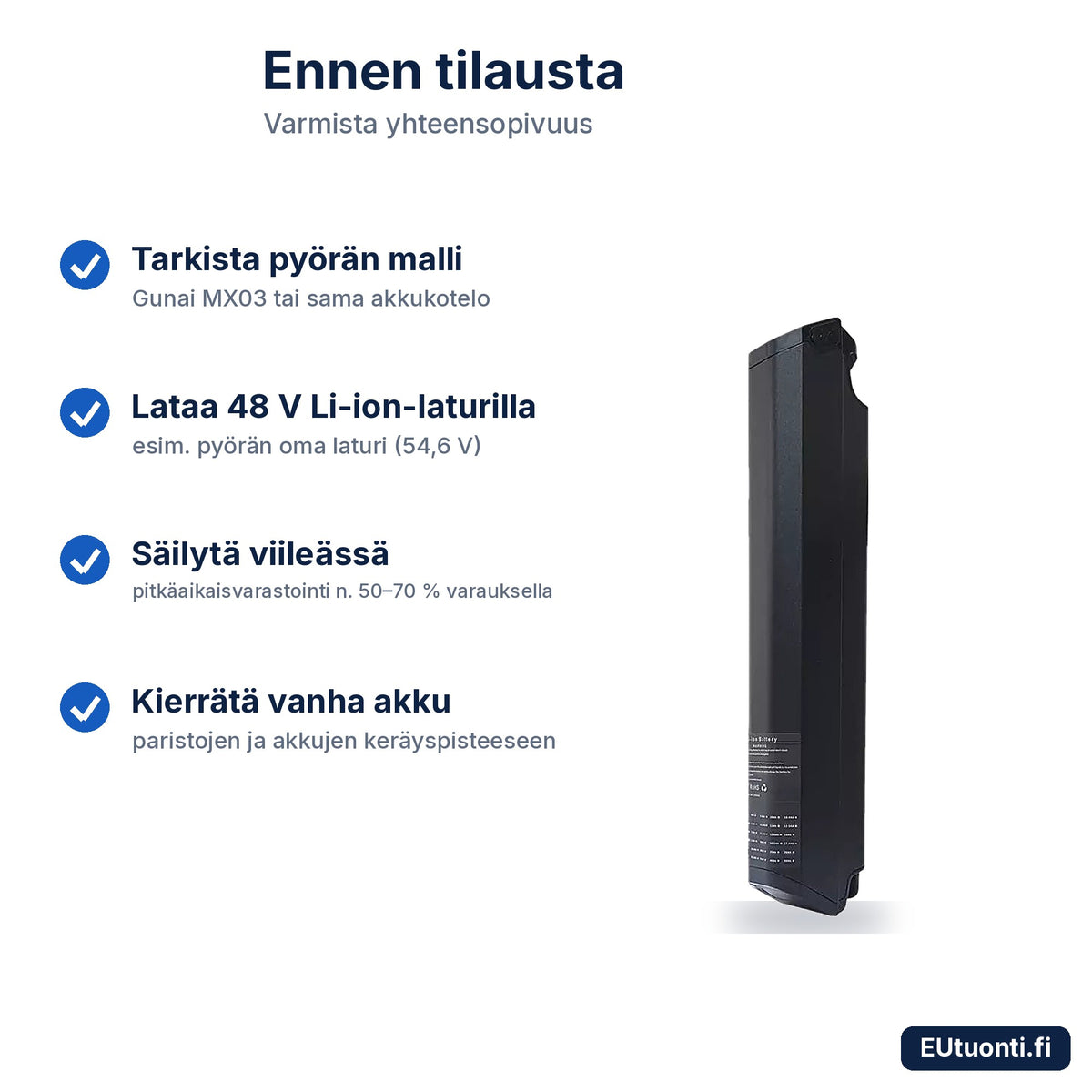 MX3-akku: tarkista yhteensopivuus, lataus, säilytys ja kierrätys