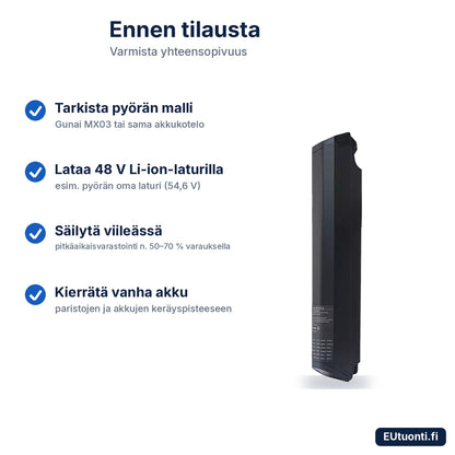 MX3-akku: tarkista yhteensopivuus, lataus, säilytys ja kierrätys