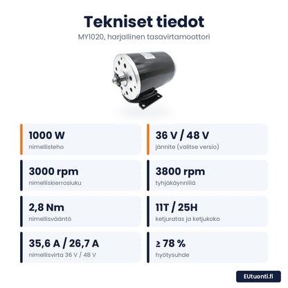 Sähkömoottori MY1020 tekniset tiedot: 1000 W, 36V/48V, 3000 rpm, 2,8 Nm, 11T-ratas 25H-ketjulle