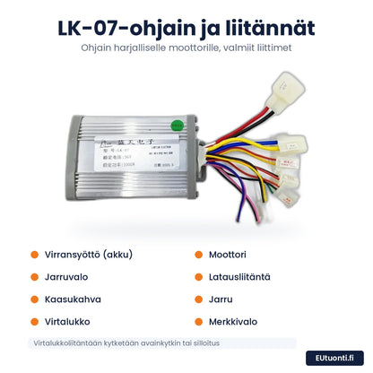 LK-07-ohjain sähkömoottorille: liitännät akulle, moottorille, jarruvalolle, lataukselle, kaasukahvalle, jarrulle, virtalukolle ja merkkivalolle