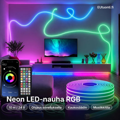 Neon LED-nauha RGB 5–30 m olohuoneessa, ohjaus sovelluksella ja kaukosäätimellä