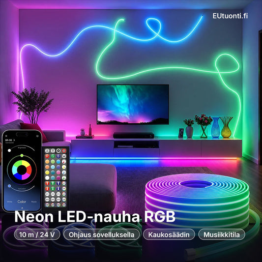 Neon LED-nauha RGB 5–30 m olohuoneessa, ohjaus sovelluksella ja kaukosäätimellä