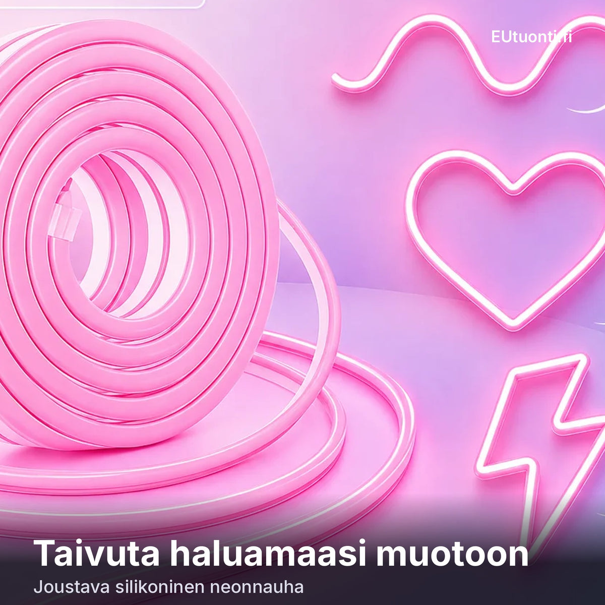 Joustava RGB neonnauha taivutettuna sydämeksi ja kuvioiksi