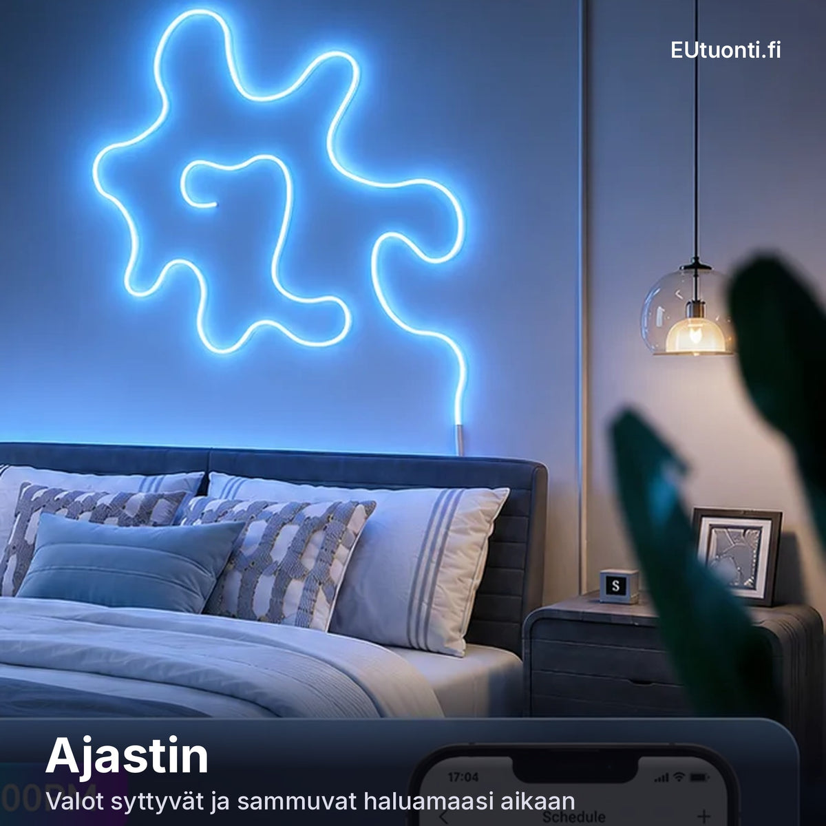 Neonvalo makuuhuoneen seinällä, ajastin sytyttää ja sammuttaa valot