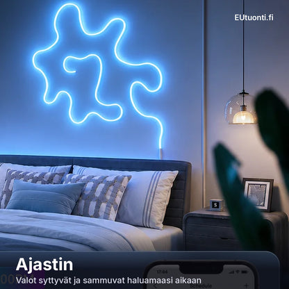 Neonvalo makuuhuoneen seinällä, ajastin sytyttää ja sammuttaa valot